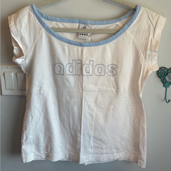 Adidas Ladies White Tee with Light Blue Trim - Picture 1 of 4